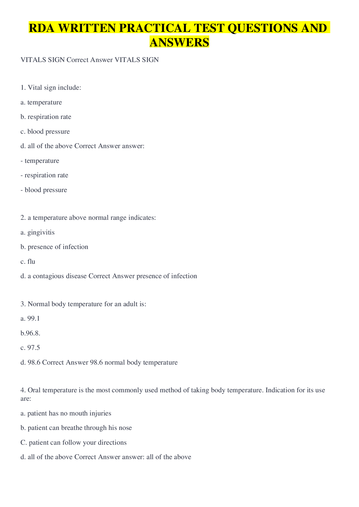 Preview image of RDA WRITTEN PRACTICAL TEST QUESTIONS AND ANSWERS document